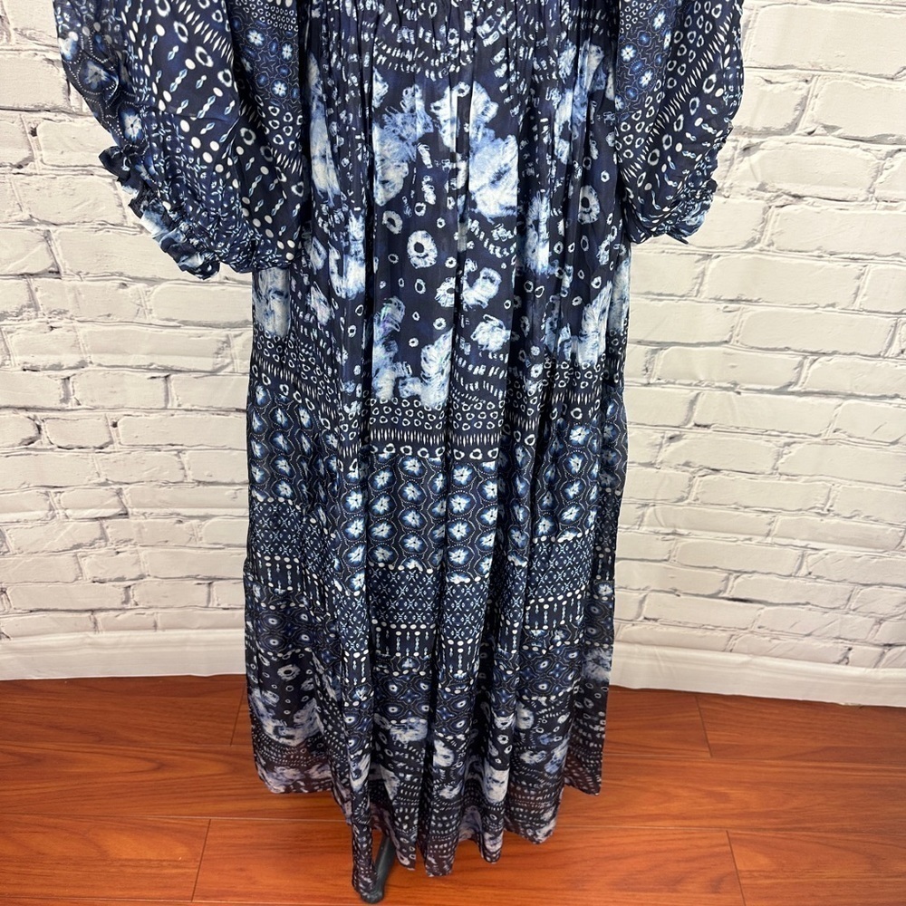 Hale Bob Ilona Silk Chiffon Maxi Dress Floral Small Navy Smocked Puff Sleeve - Picture 7 of 16